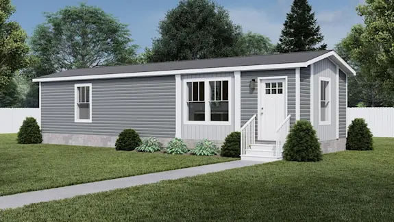 The exterior of [model name] features dark and light gray siding and brick skirting. 