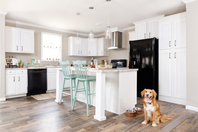 CrossMod home kitchen with white cabinets, a large breakfast bar and a dog sitting on the ground.