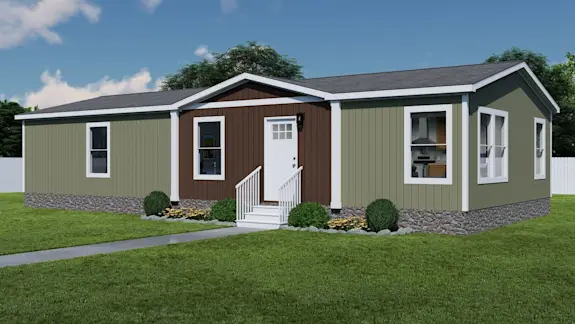 The exterior of [model name] features green and brown siding with stone skirting.