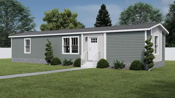 The exterior of [model name] features green and cream siding and stone skirting. 