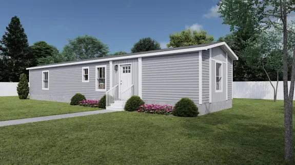 The [model name] features two-tone gray siding and stone-style skirting.