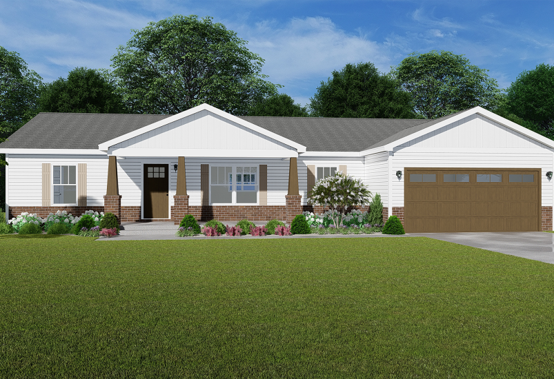 Rendering of a CrossMod home featuring a white exterior with wood accents. 