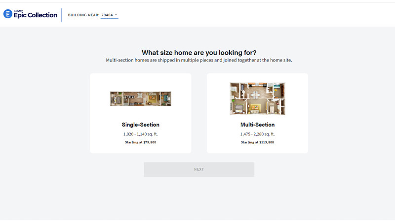 A screenshot of how to choose the right size home in the Home Designer Tool.