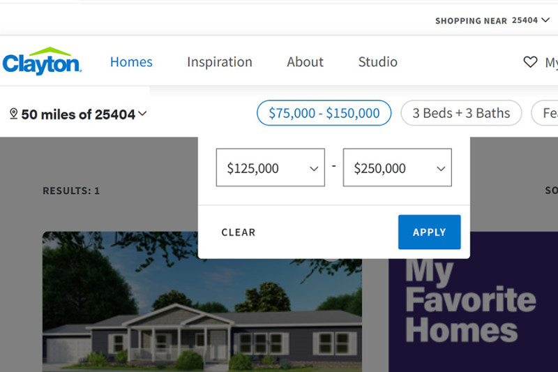 A screenshot of Clayton Homes Find a Home page’s budget range.