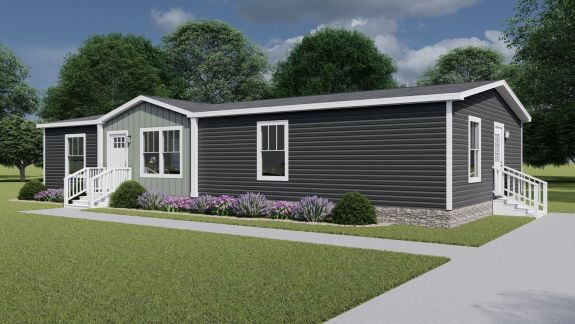 The [model name] features dark gray siding and stone-style skirting.
