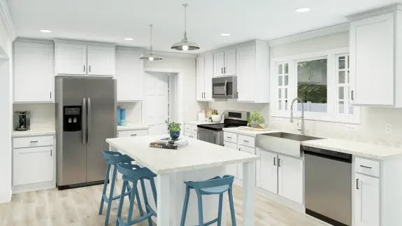 The [model name] features a kitchen with stainless-steel appliances and a large island.