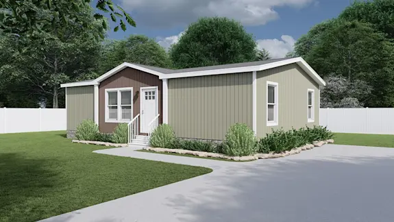 The exterior of [model name] features beige and rust red siding with stone skirting. 