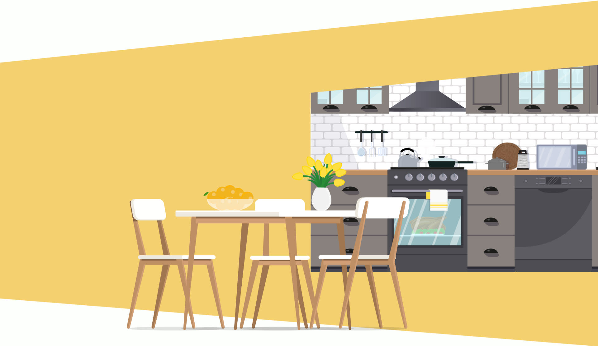 Flat design image of kitchen with yellow background