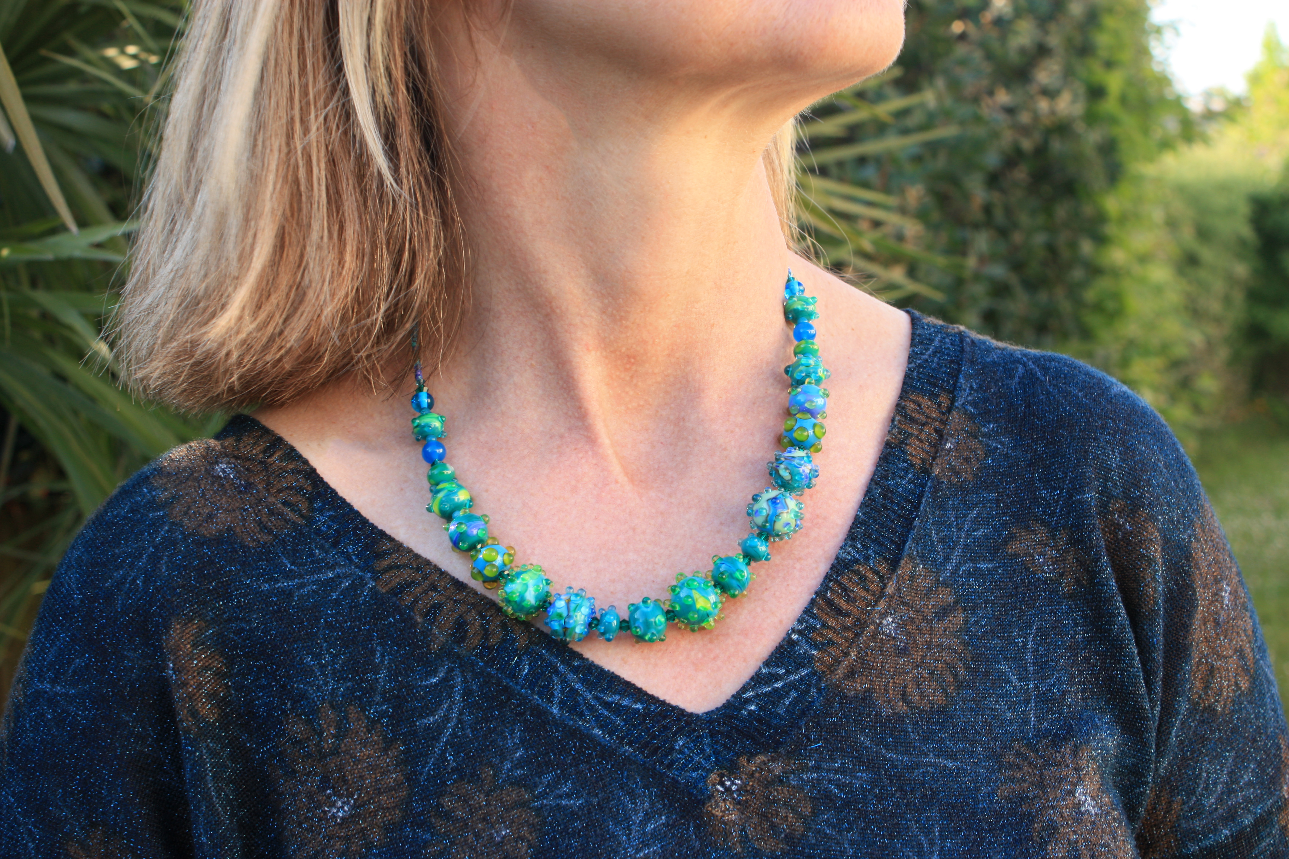 Orange and purple lentil glass bead necklace