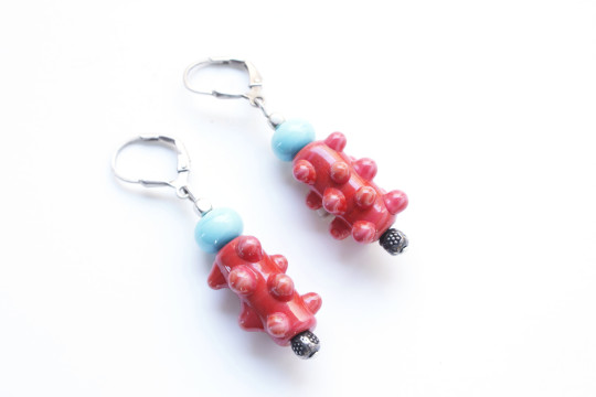 Long glass bead earrings with coral studs