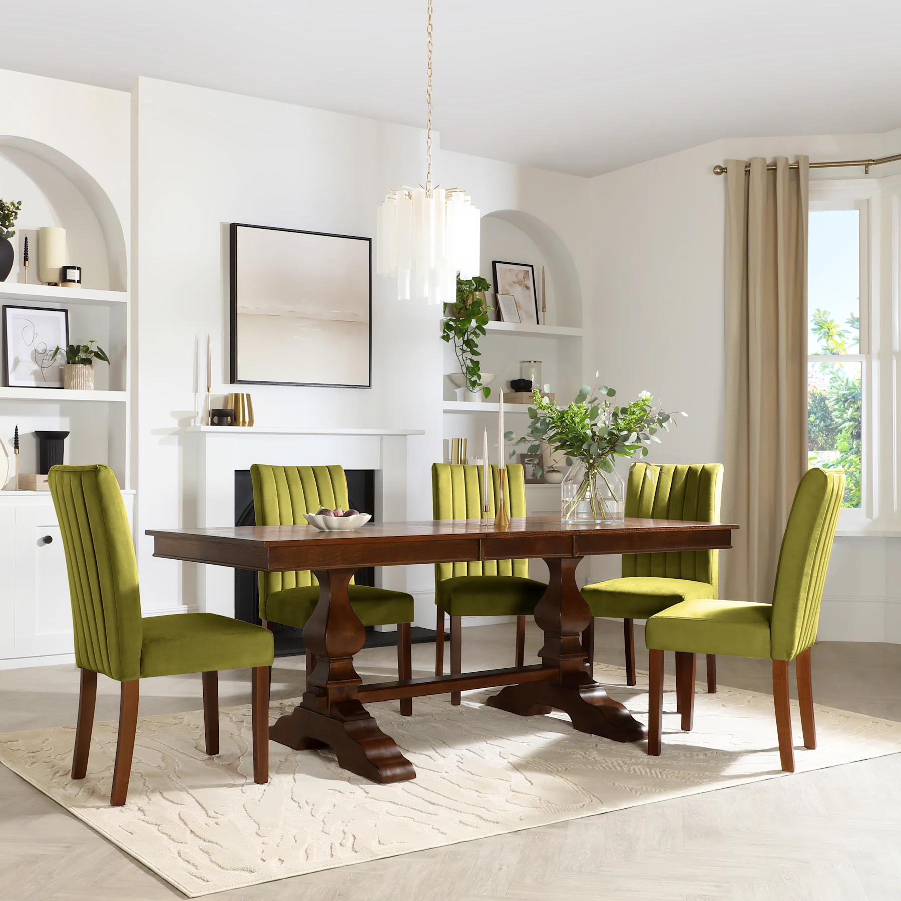Cavendish Extending Dining Table & 6 Salisbury Chairs, Dark Oak Veneer & Solid Hardwood, Olive Green Classic Velvet & Dark Solid Hardwood, 160-200cm