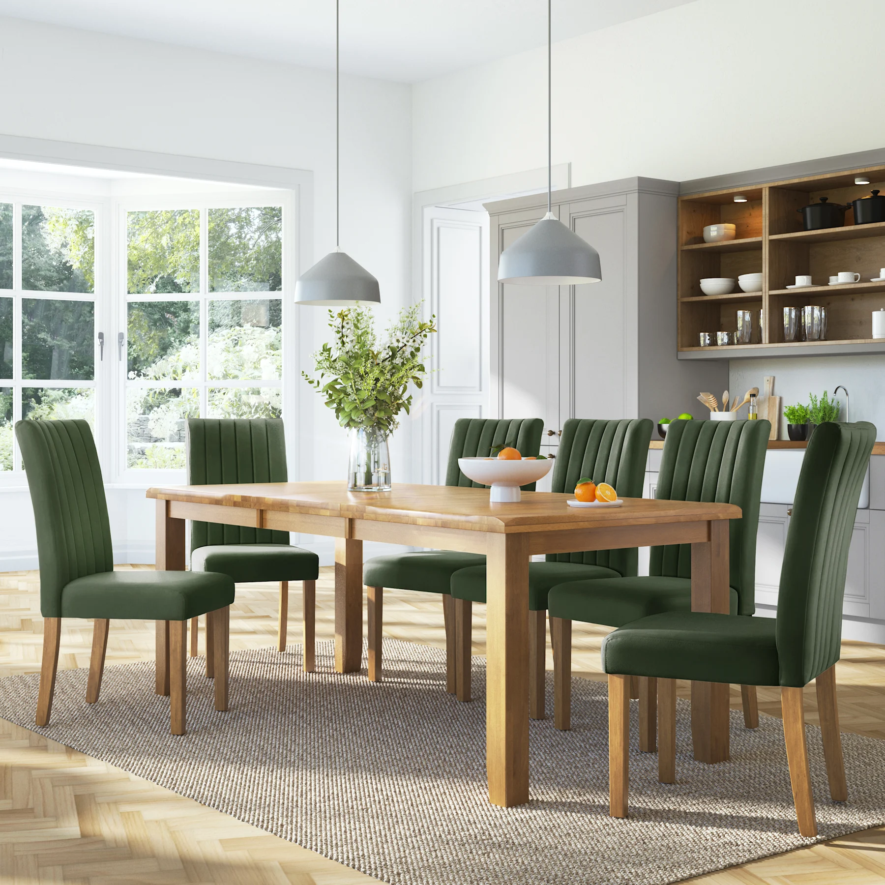 Highbury Extending Dining Table & 6 Salisbury Chairs, Natural Oak Finished Solid Hardwood, Moss Green Classic Plush Fabric, 150-200cm