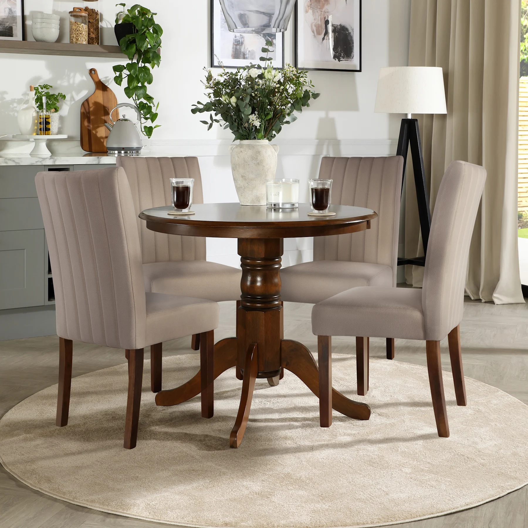 Kingston Round Dining Table & 4 Salisbury Chairs, Dark Solid Hardwood, Beige Classic Plush Fabric, 90cm