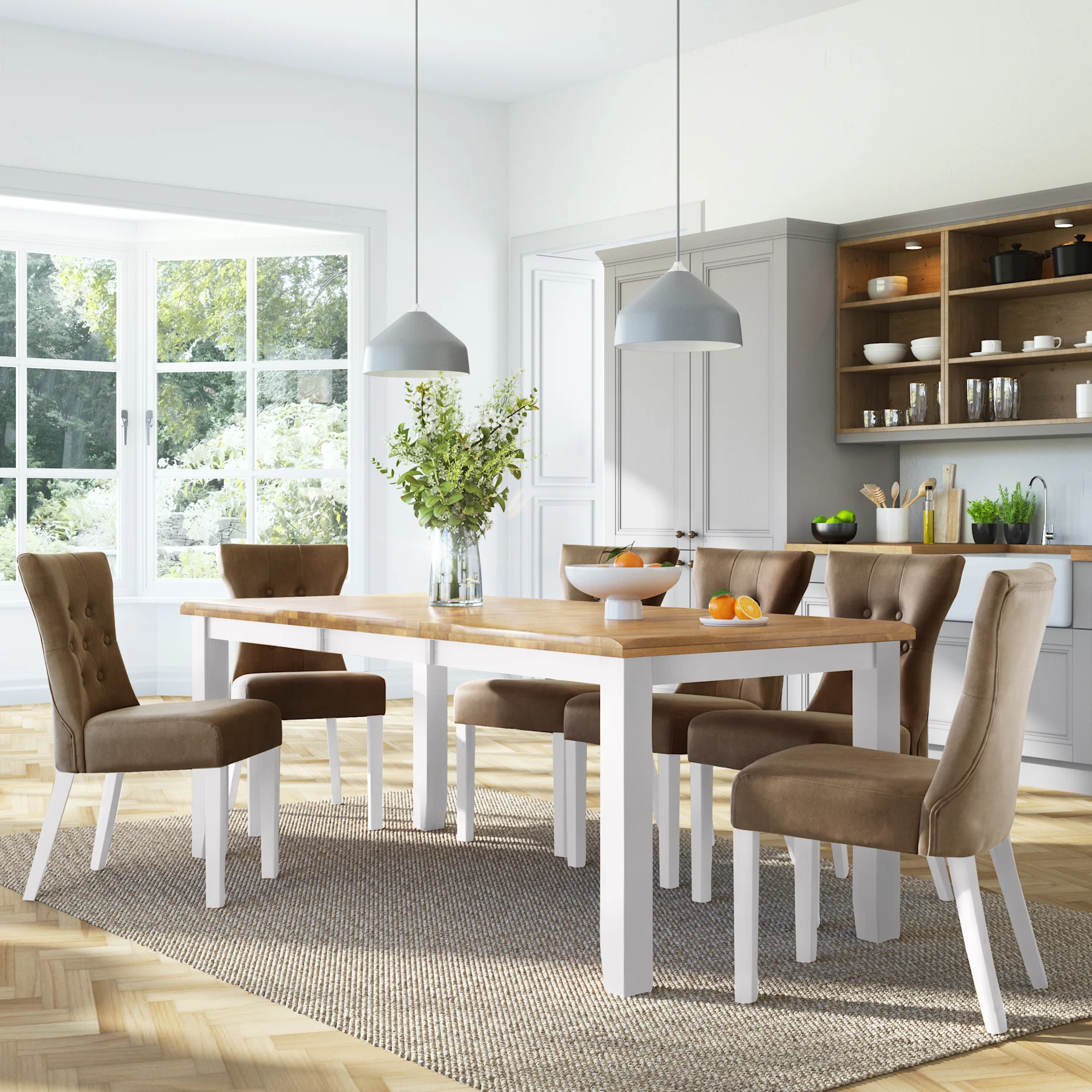 Highbury Extending Dining Table & 6 Bewley Chairs, Natural Oak Finish & White Solid Hardwood, Beige Classic Velvet, 150-200cm