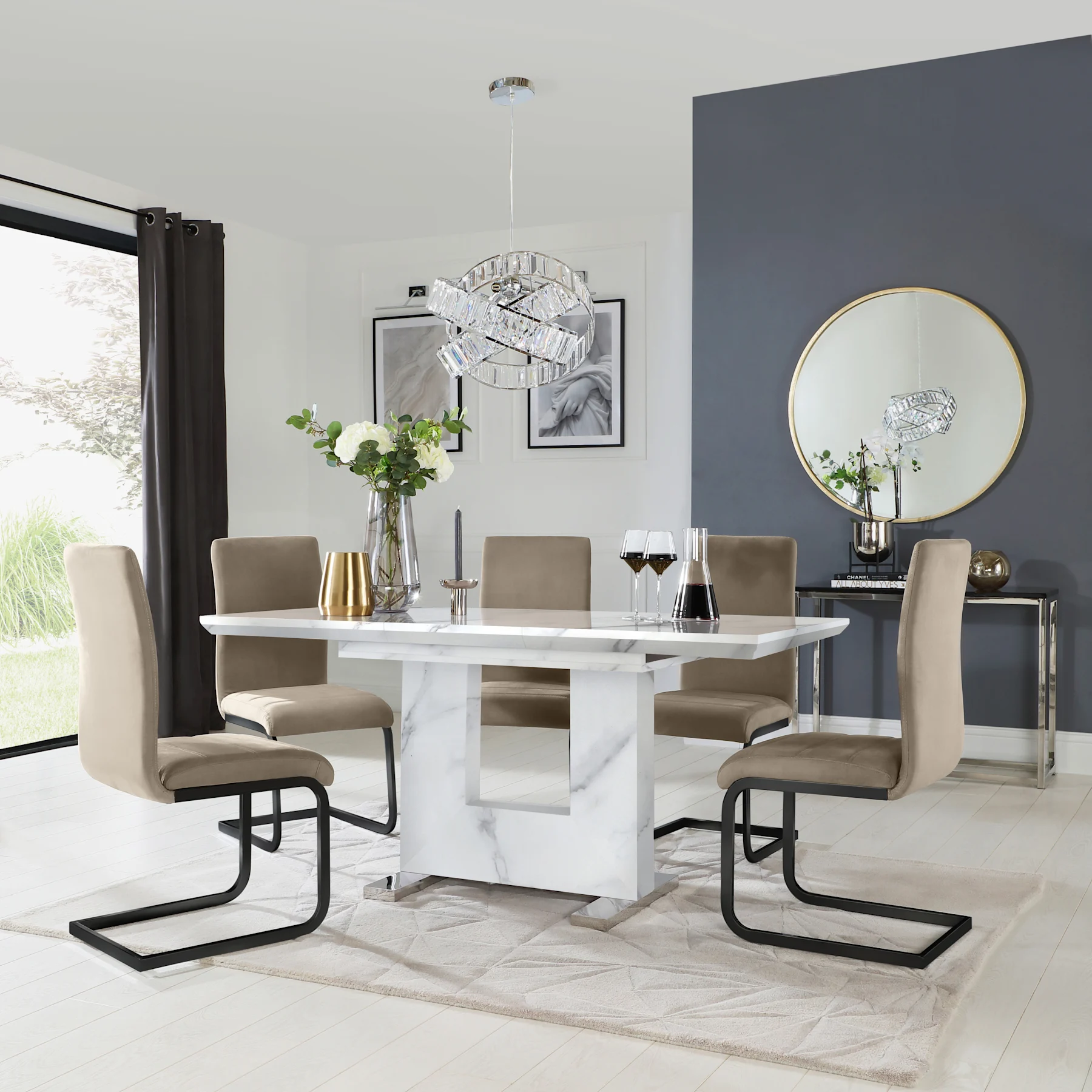 Florence Extending Dining Table & 6 Perth Chairs, White Marble Effect, Champagne Classic Velvet & Black Steel, 120-160cm