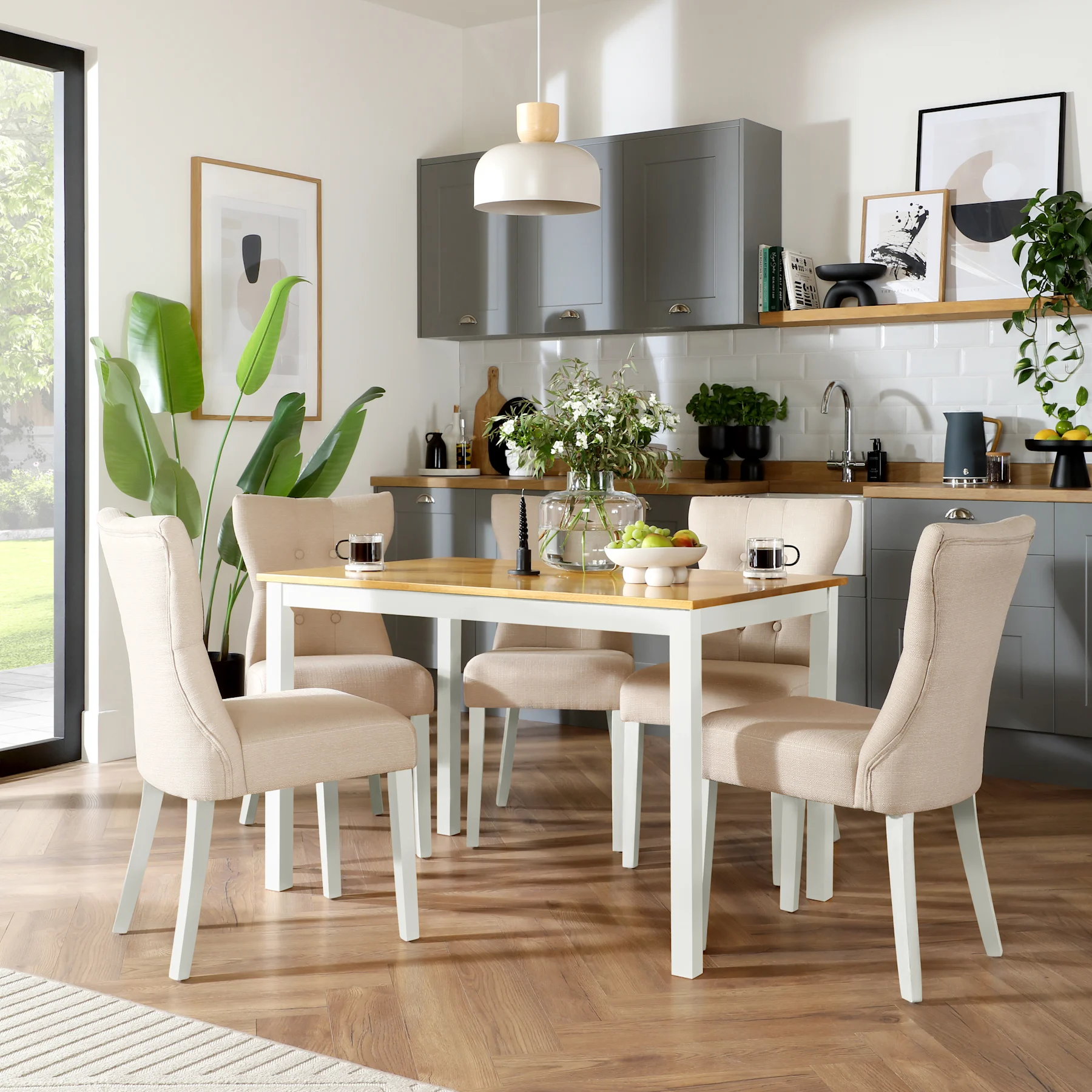 Milton Dining Table & 4 Bewley Chairs, Natural Oak Finish & White Solid Hardwood, Oatmeal Classic Linen-Weave Fabric, 120cm