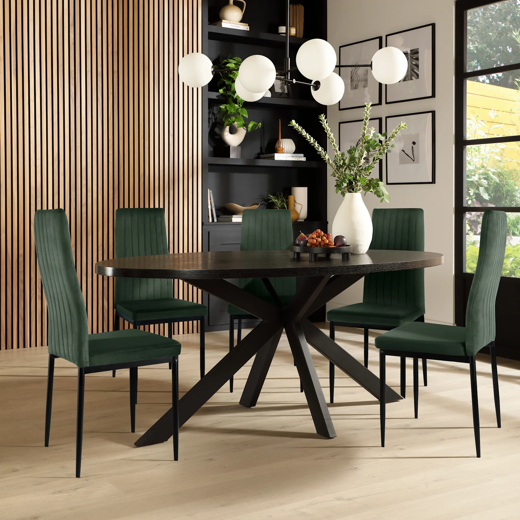 Madison Oval Dining Table & 4 Leon  Chairs, Black Oak Effect & Black Steel, Moss Green Classic Velvet, 150cm