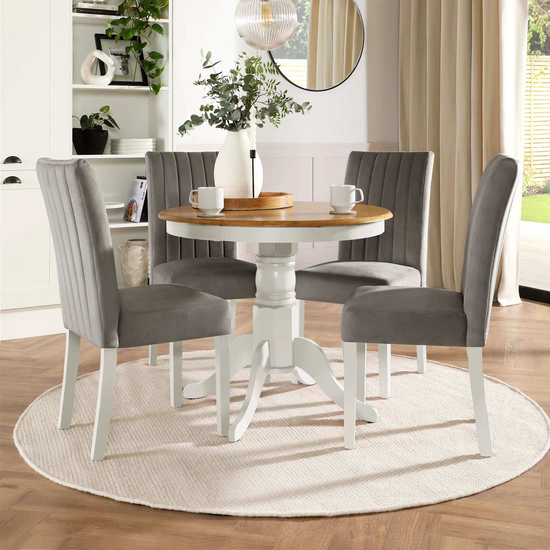 Kingston Round Dining Table & 4 Salisbury Chairs, Natural Oak Finish & White Solid Hardwood, Grey Classic Velvet, 90cm