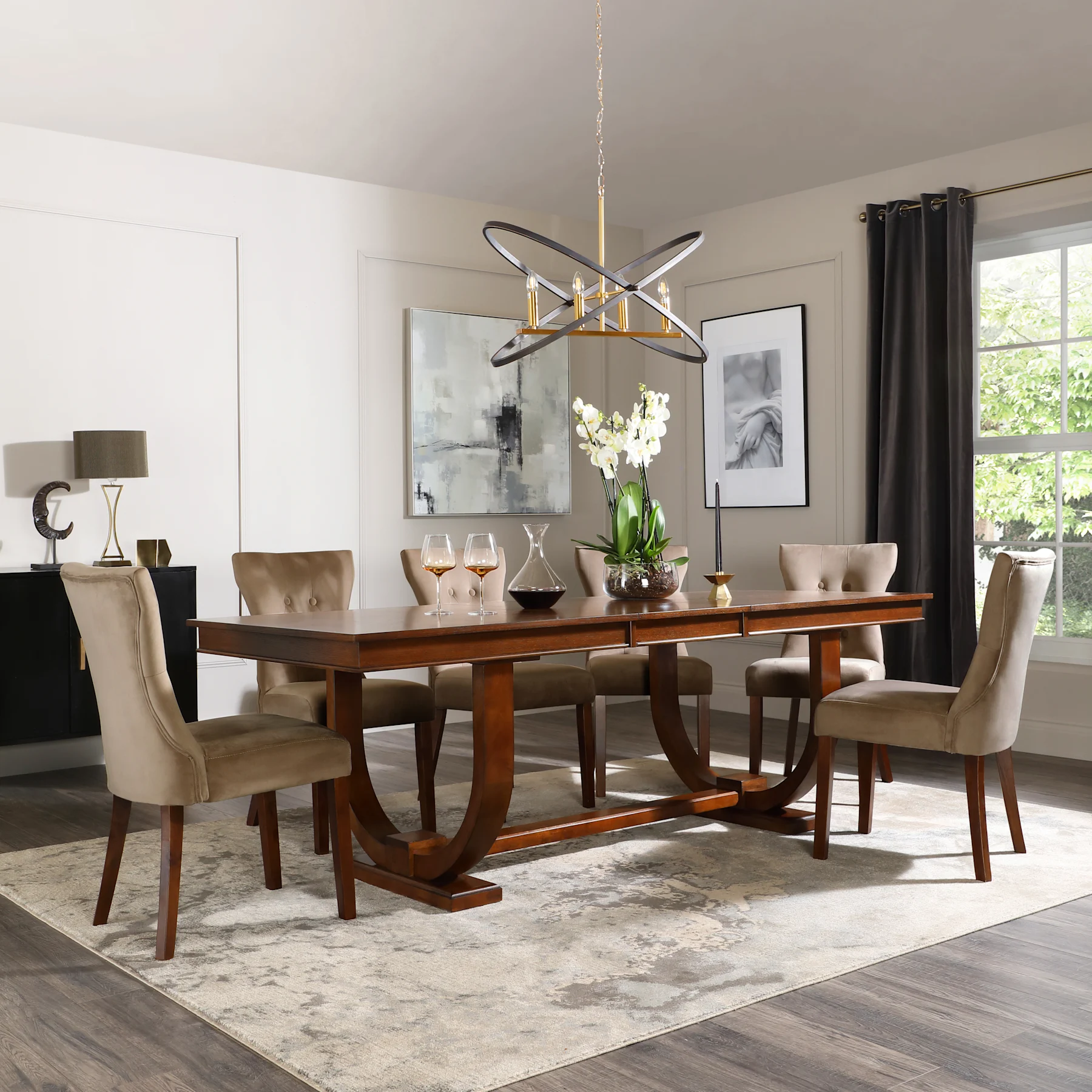 Pavilion Extending Dining Table & 8 Bewley Chairs, Dark Oak Veneer & Solid Hardwood, Beige Classic Velvet & Dark Solid Hardwood, 180-225cm