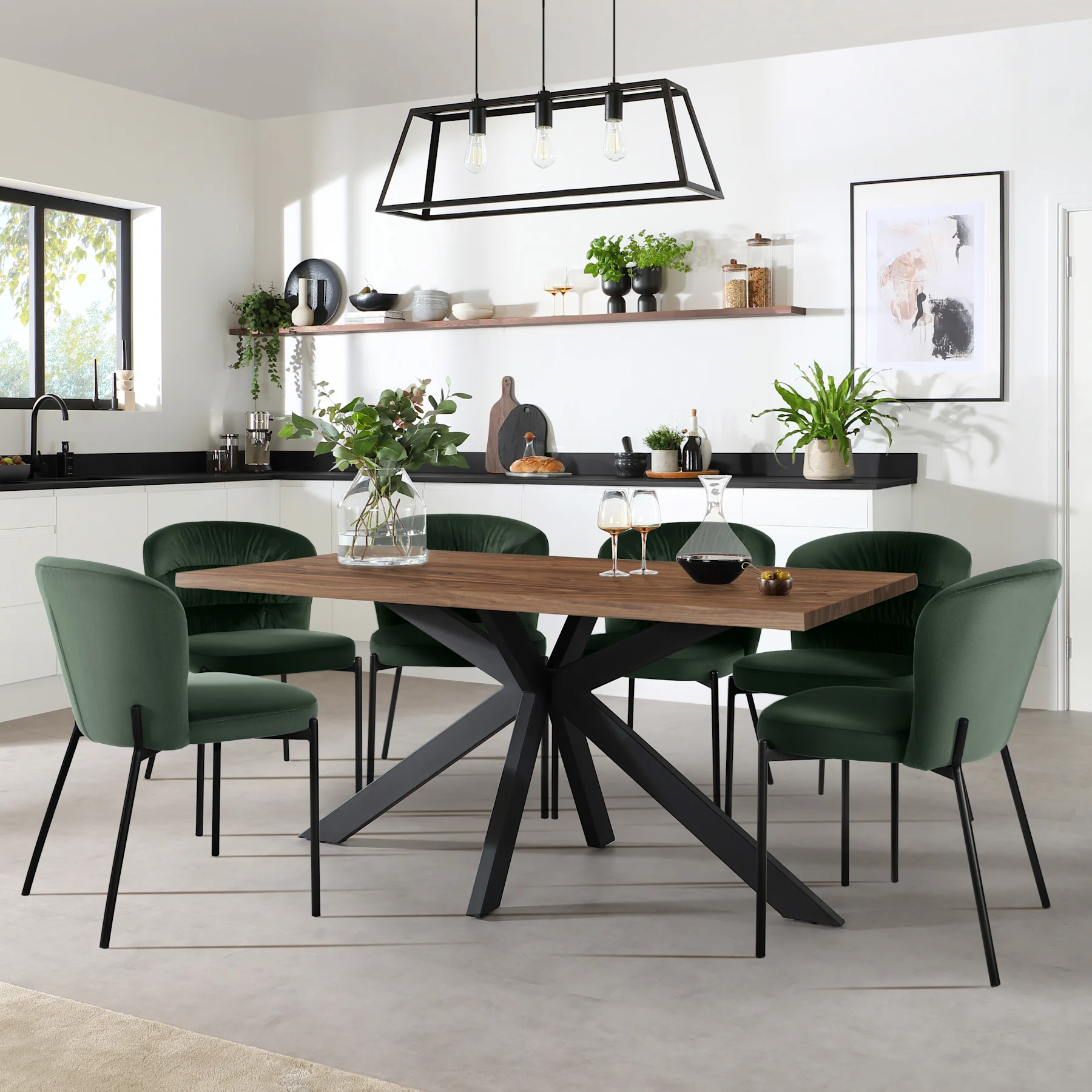 Madison Industrial Dining Table & 6 Gianna Chairs, Walnut Effect & Black Steel, Moss Green Classic Velvet, 160cm