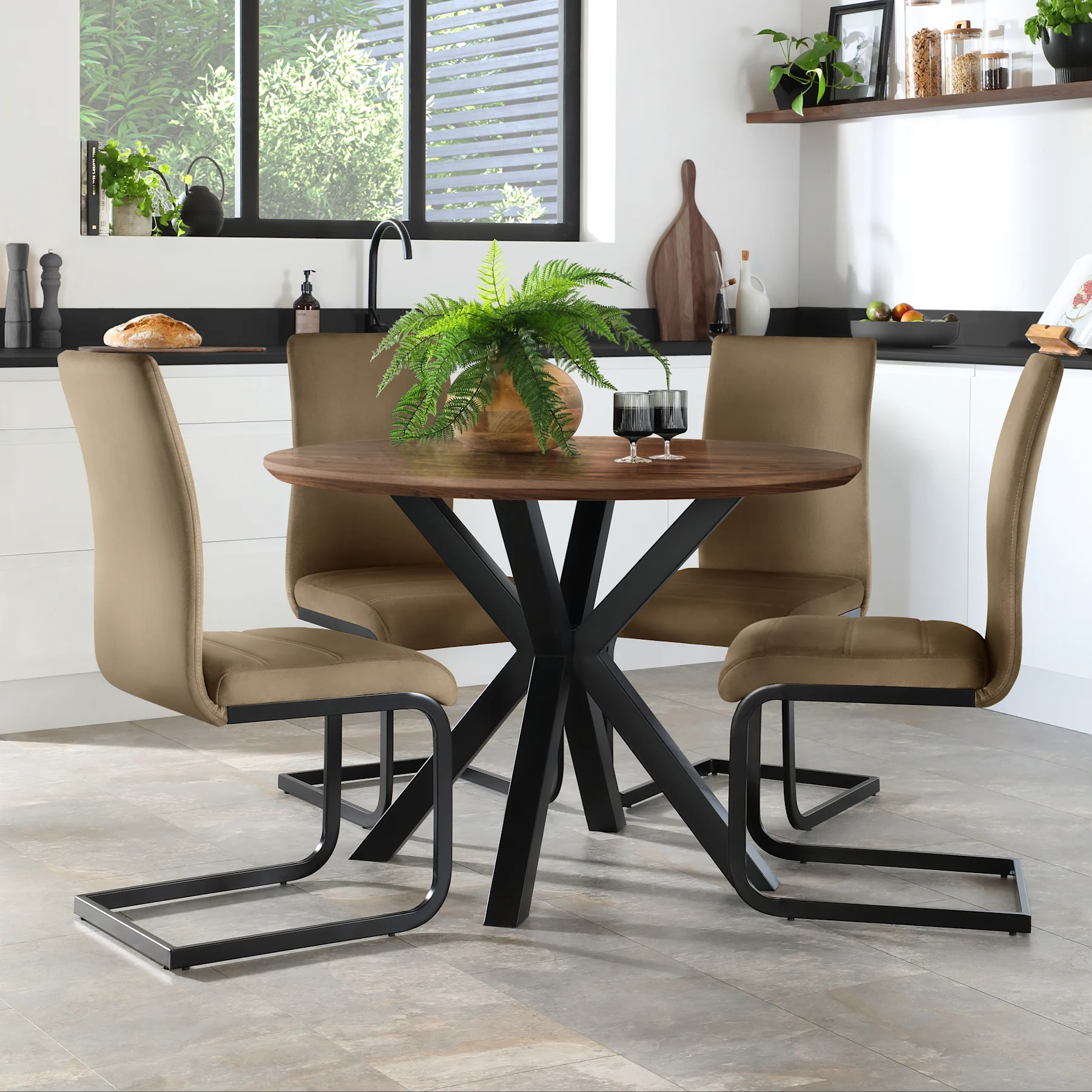 Newark Round Industrial Dining Table & 2 Perth Chairs, Walnut Effect & Black Steel, Beige Classic Velvet, 110cm