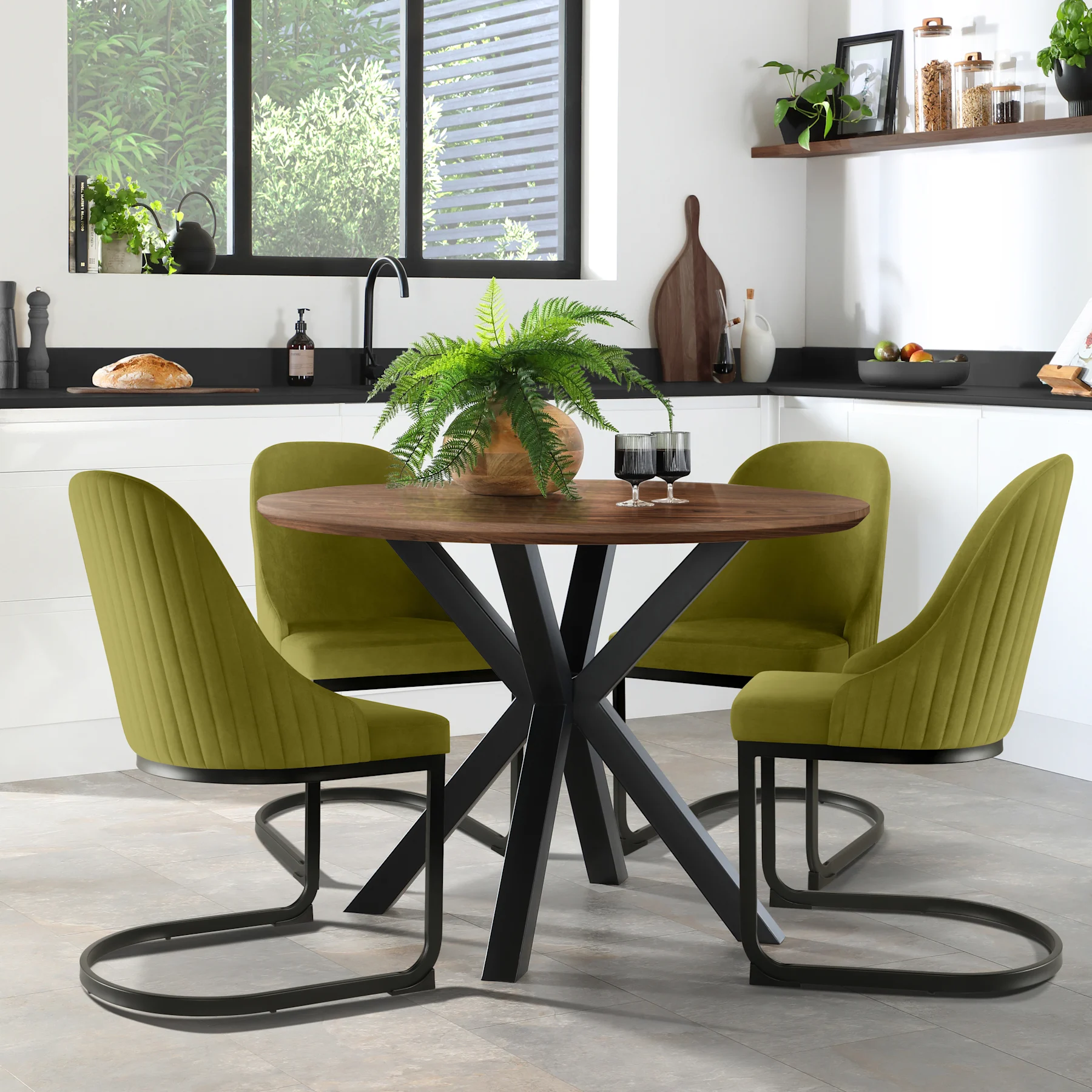 Newark Round Industrial Dining Table & 4 Riva Chairs, Walnut Effect & Black Steel, Olive Green Classic Velvet, 110cm
