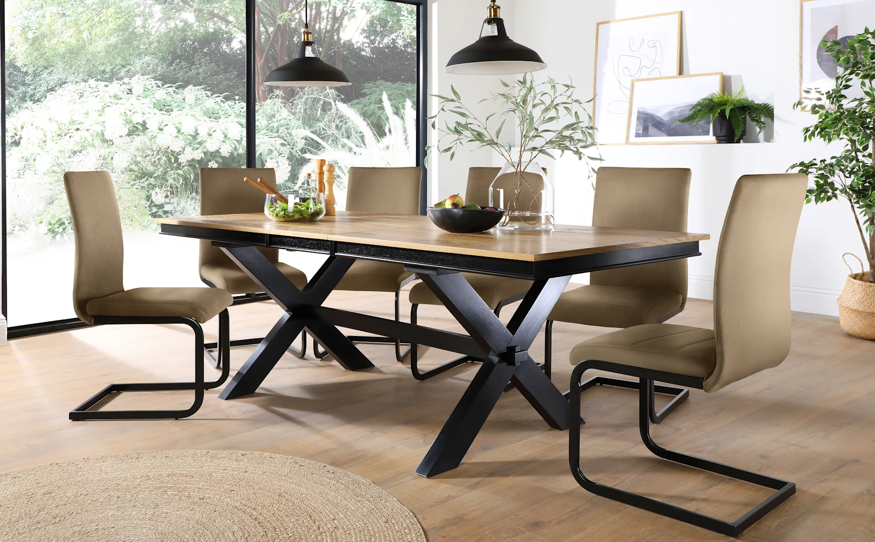 Grange Extending Dining Table & 8 Perth Chairs, Natural Oak Veneer & Black Solid Hardwood, Beige Classic Velvet & Black Steel, 180-220cm