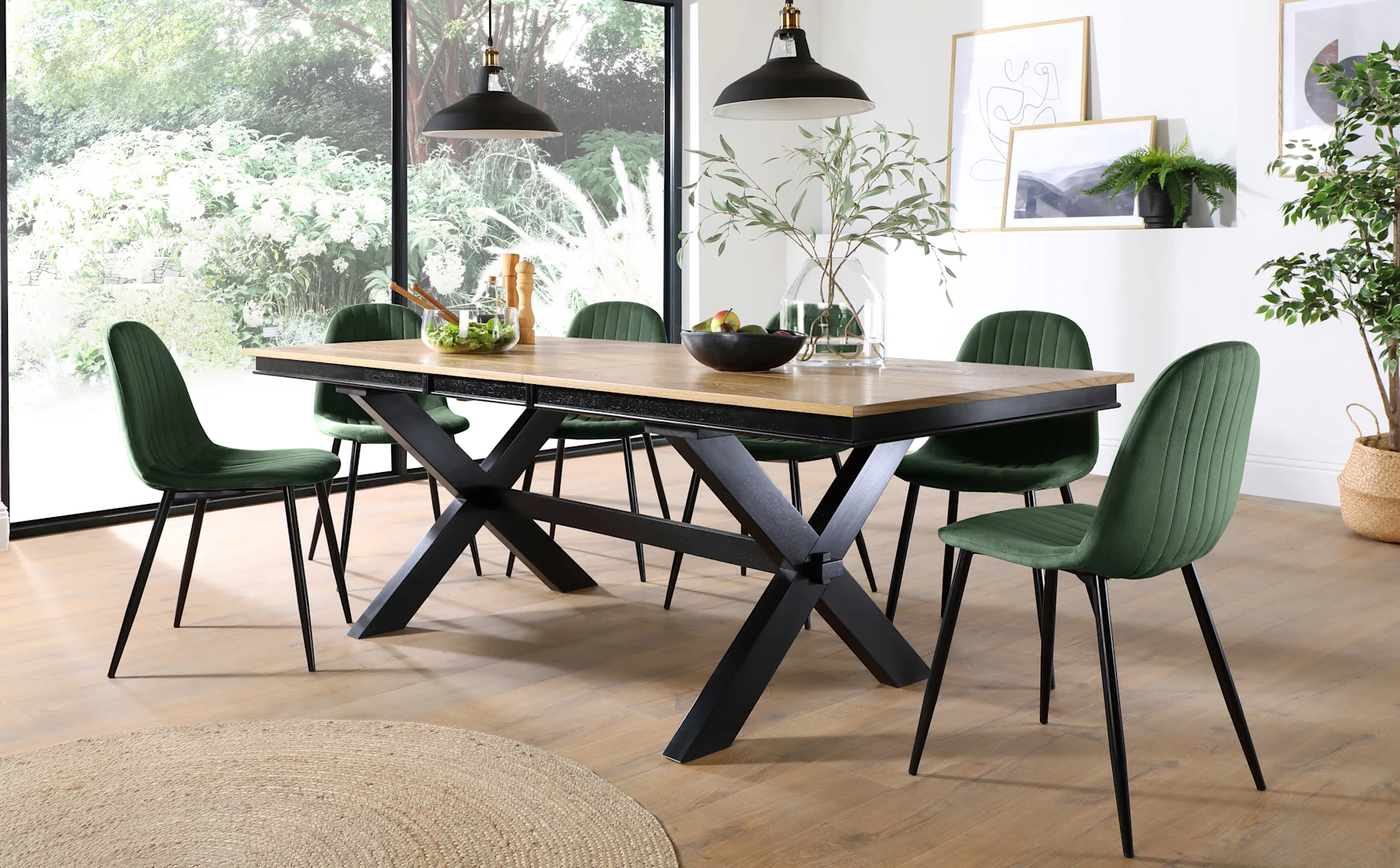 Grange Extending Dining Table & 4 Brooklyn Chairs, Natural Oak Veneer & Black Solid Hardwood, Moss Green Classic Velvet & Black Steel, 180-220cm