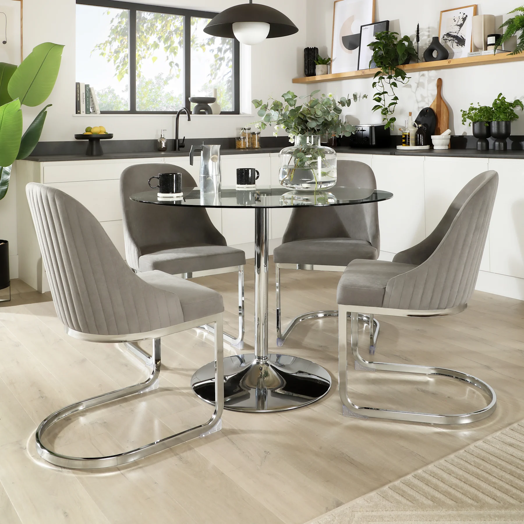 Orbit Round Dining Table & 4 Riva Chairs, Glass & Chrome, Grey Classic Velvet, 110cm