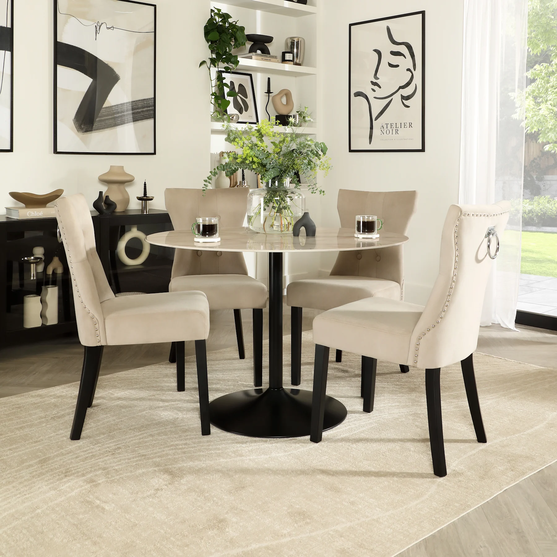 Orbit Round Dining Table & 2 Kensington Chairs, Beige Marble Effect & Black Steel, Champagne Classic Velvet & Black Solid Hardwood, 110cm