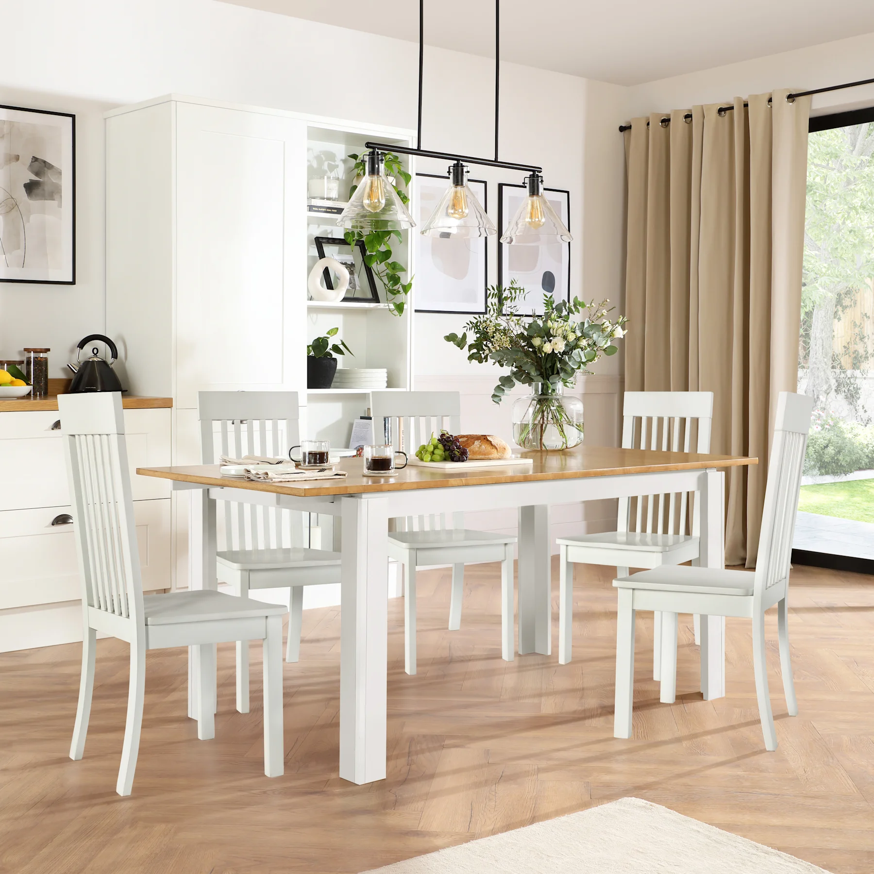 Bali Extending Dining Table & 4 Oxford Chairs, Natural Oak Finish & White Solid Hardwood, 150-180cm