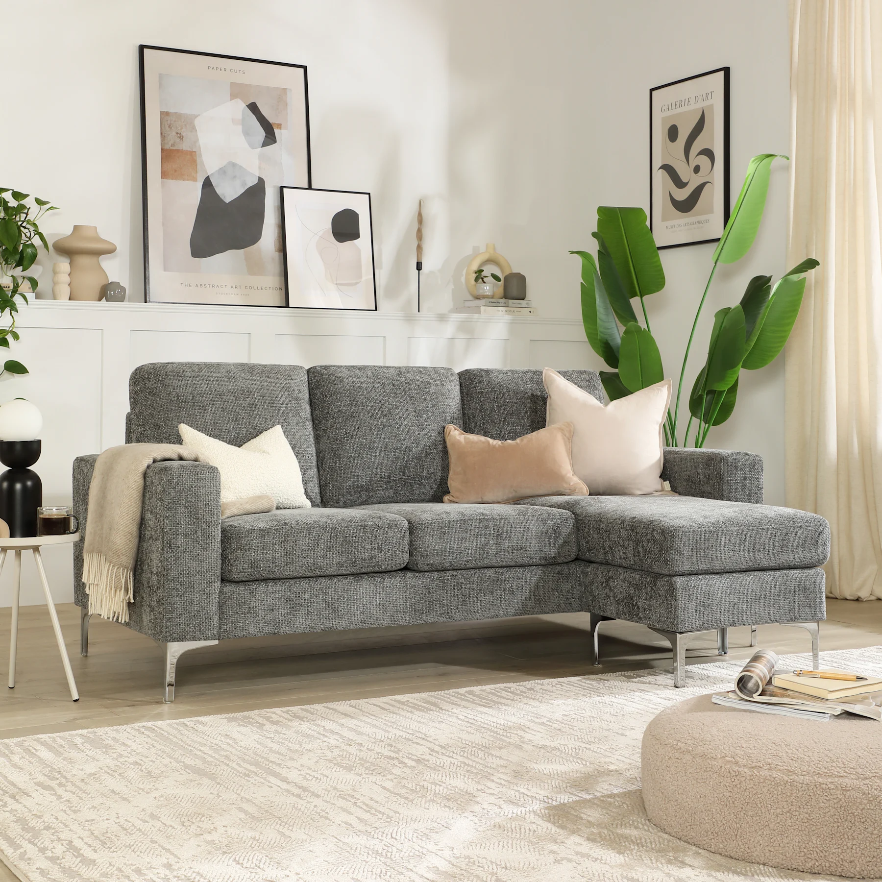 Baltimore L-Shape Corner Sofa, Dark Grey Woven Chenille Fabric