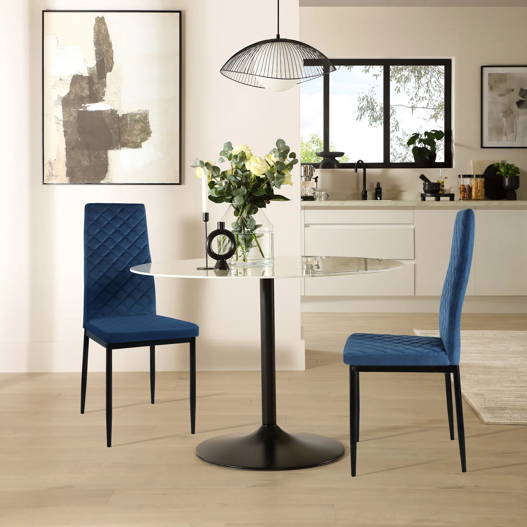 Orbit Round Dining Table & 2 Renzo  Chairs, White Marble Effect & Black Steel, Blue Classic Velvet, 150cm