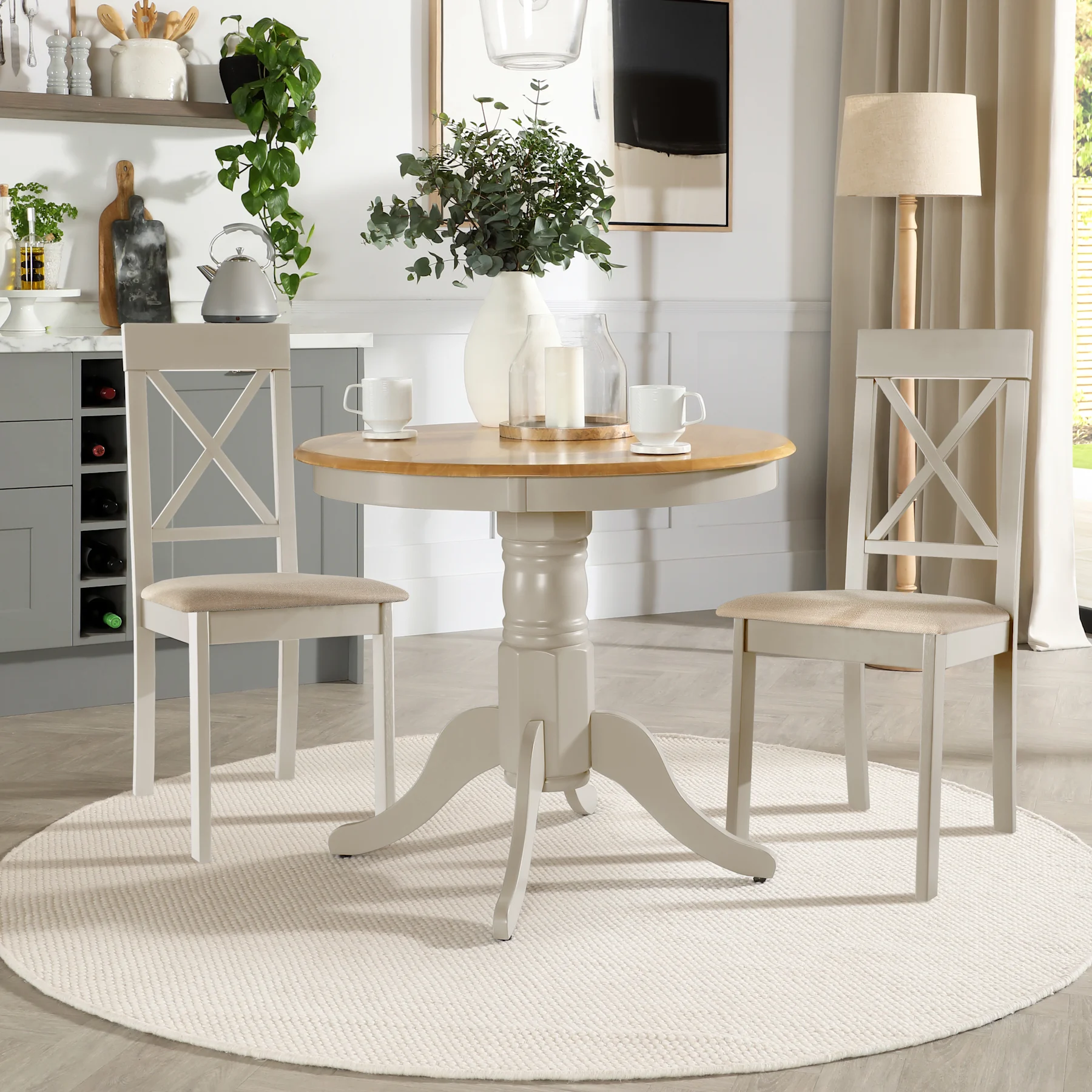 Kingston Round Dining Table & 2 Kendal Chairs, Natural Oak Finish & Beige Solid Hardwood, Oatmeal Classic Linen-Weave Fabric, 90cm