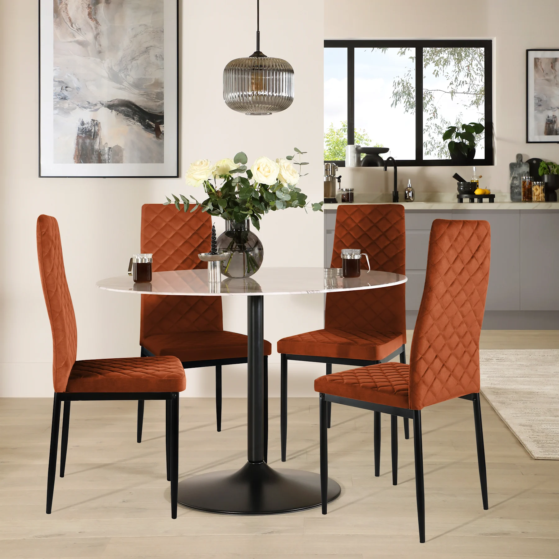 Orbit Round Dining Table & 4 Renzo  Chairs, Grey Marble Effect & Black Steel, Burnt Orange Classic Velvet, 150cm