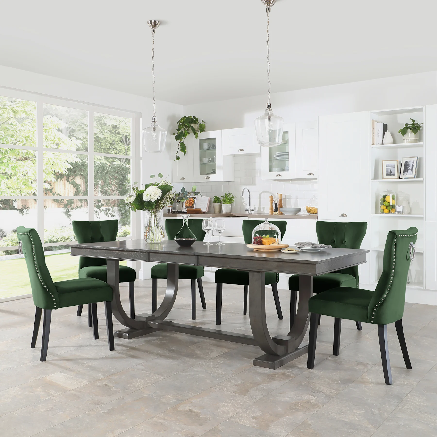 Pavilion Extending Dining Table & 4 Kensington Chairs, Grey Oak Veneer & Solid Hardwood, Moss Green Classic Velvet & Black Solid Hardwood, 180-225cm