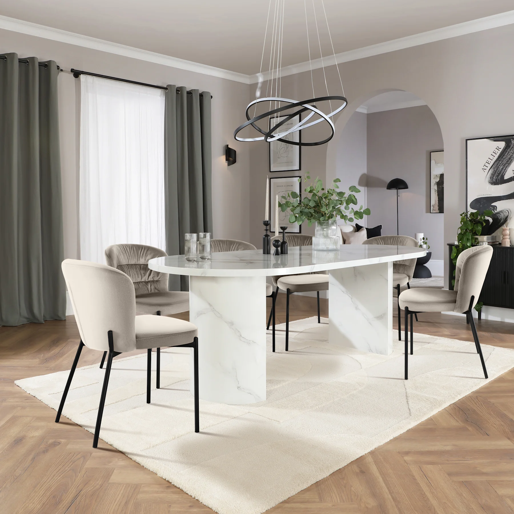 Genoa Oval Dining Table & 8 Gianna Chairs, White Marble Effect, Grey Classic Velvet & Black Steel, 220cm