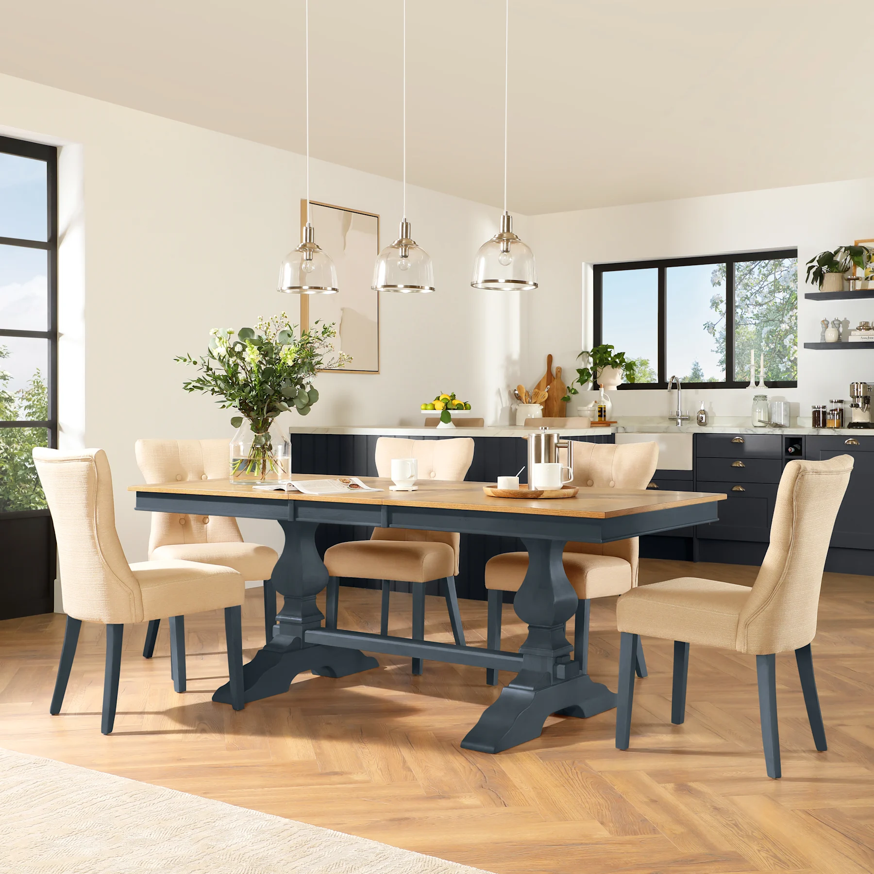 Cavendish Extending Dining Table & 6 Bewley Chairs, Natural Oak Veneer & Slate Blue Solid Hardwood, Oatmeal Classic Linen-Weave Fabric, 150-200cm