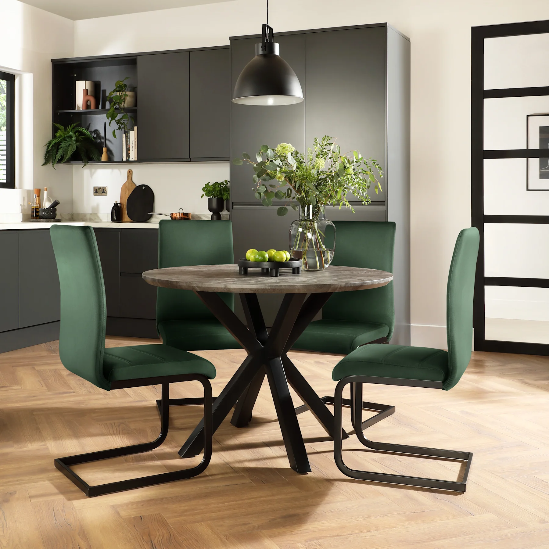 Newark Round Industrial Dining Table & 2 Perth Chairs, Grey Concrete Effect & Black Steel, Moss Green Classic Velvet, 110cm