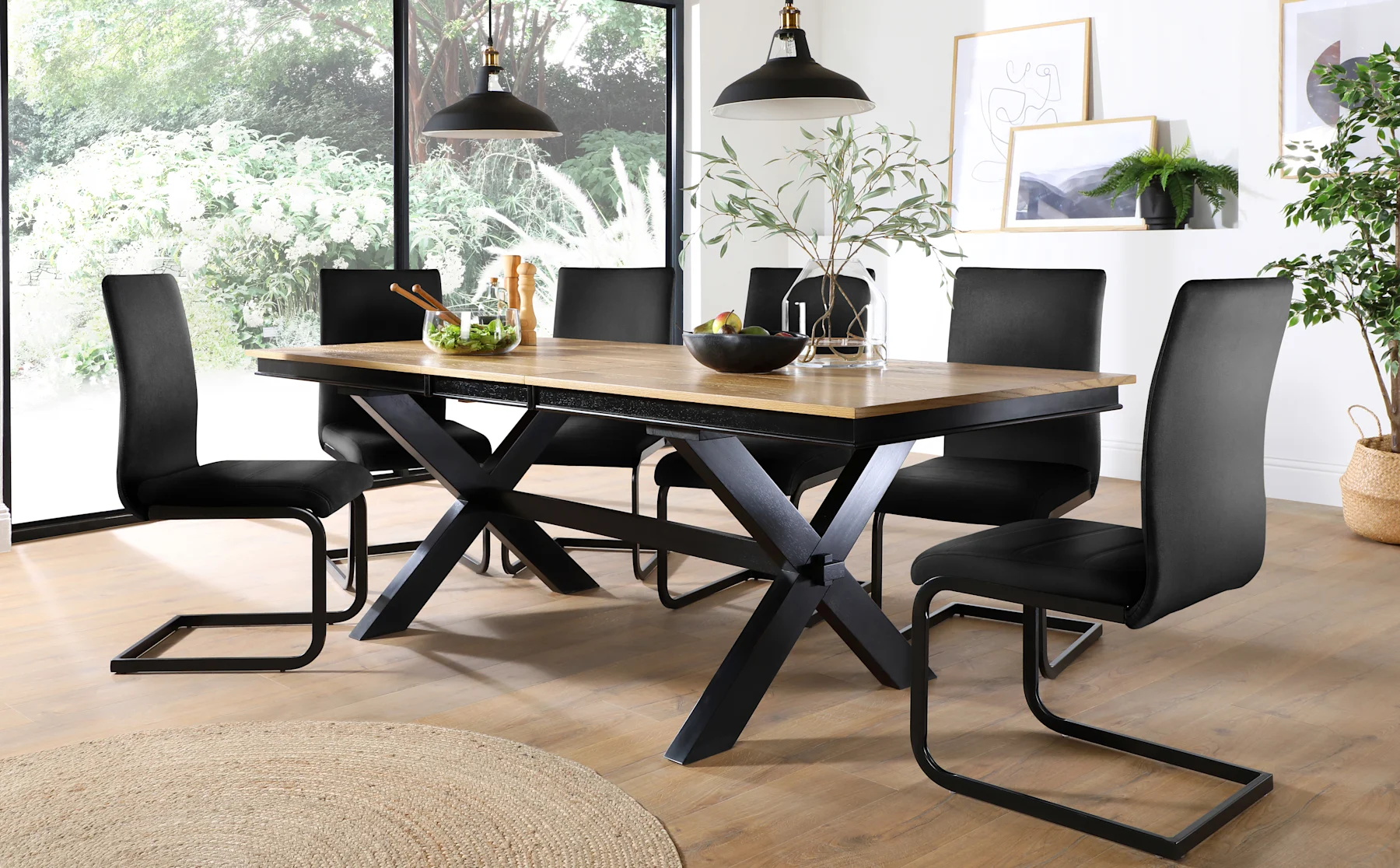 Grange Extending Dining Table & 6 Perth Chairs, Natural Oak Veneer & Black Solid Hardwood, Black Classic Velvet & Black Steel, 180-220cm