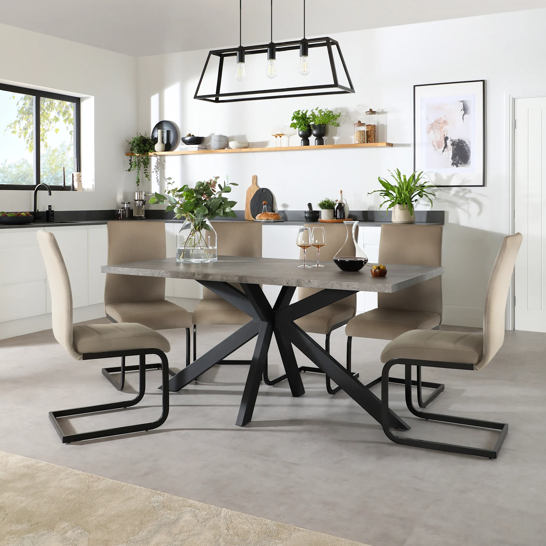 Madison Industrial Dining Table & 4 Perth Chairs, Grey Concrete Effect & Black Steel, Champagne Classic Velvet, 160cm