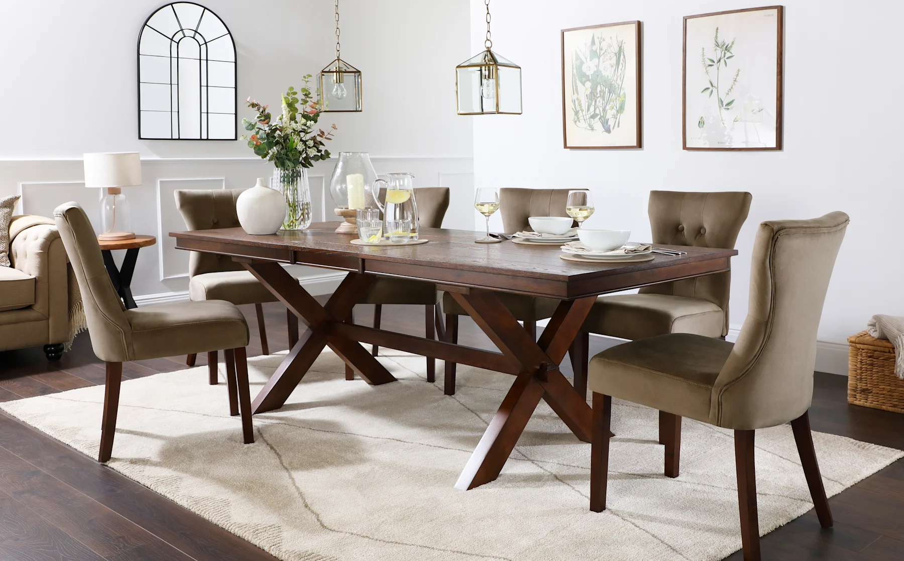 Grange Extending Dining Table & 8 Bewley Chairs, Dark Oak Veneer & Solid Hardwood, Beige Classic Velvet & Dark Solid Hardwood, 180-220cm