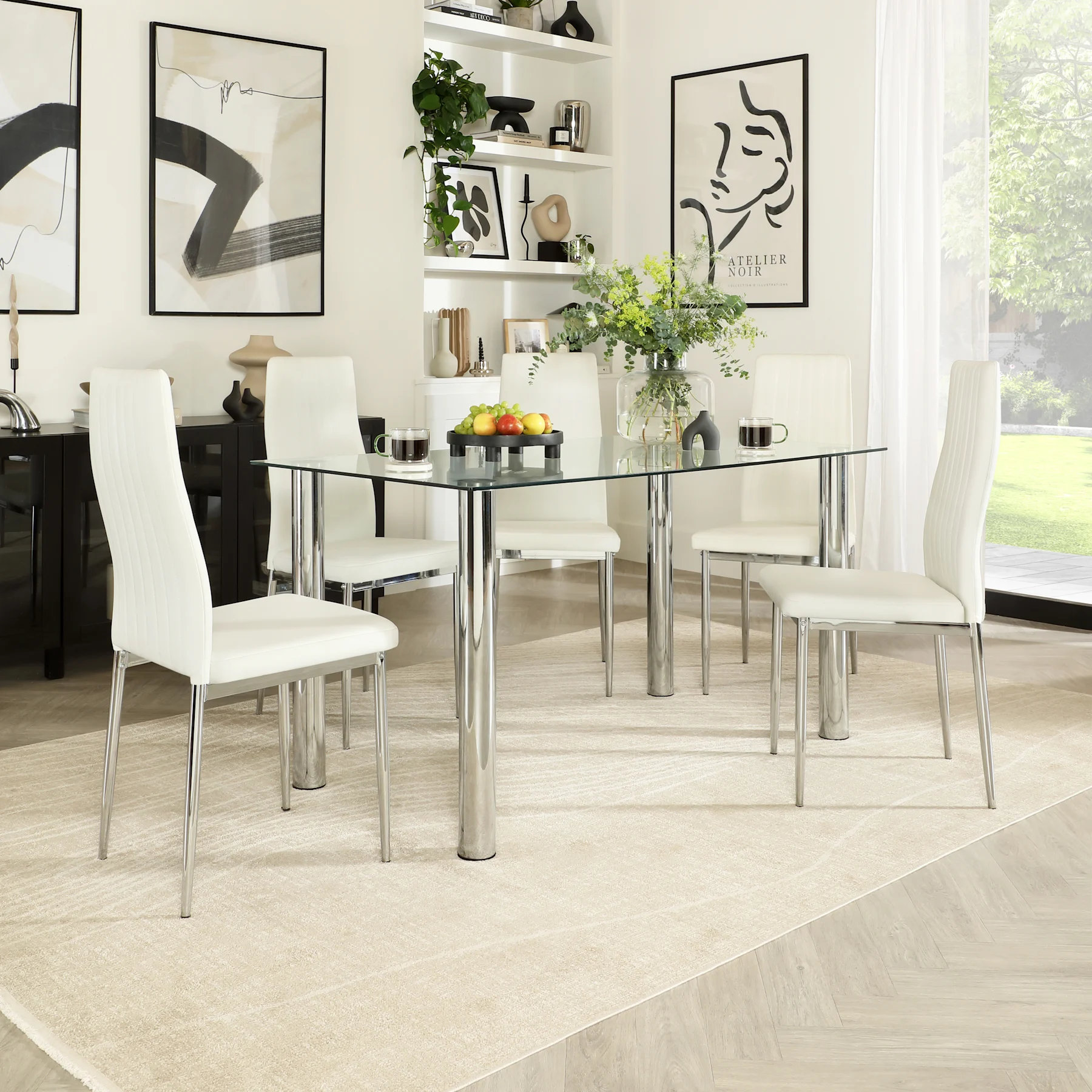 Lunar Dining Table & 4 Leon Chairs, Glass & Chrome, White Premium Faux Leather, 140cm