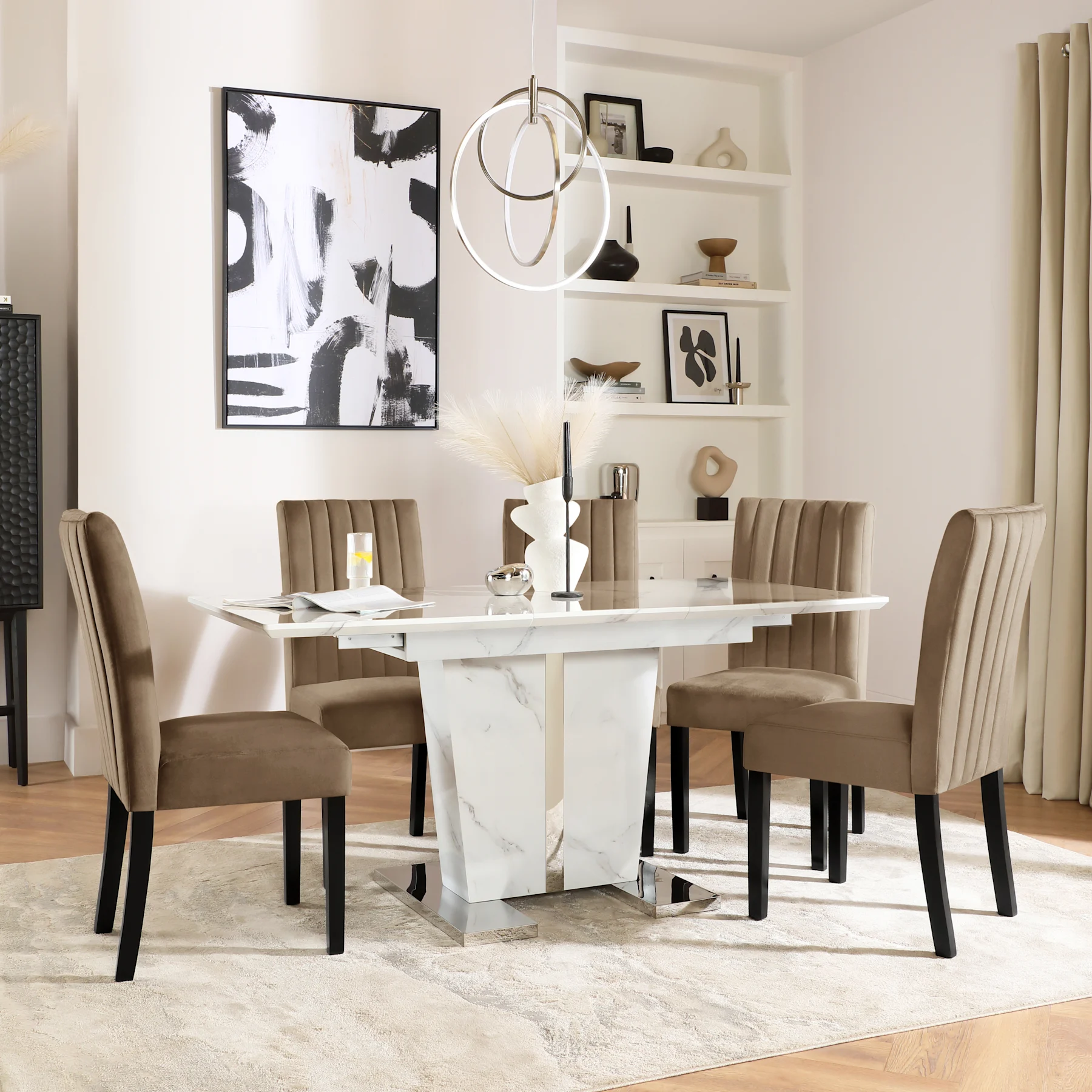 Vienna Extending Dining Table & 4 Salisbury Chairs, White Marble Effect, Beige Classic Velvet & Black Solid Hardwood, 120-160cm