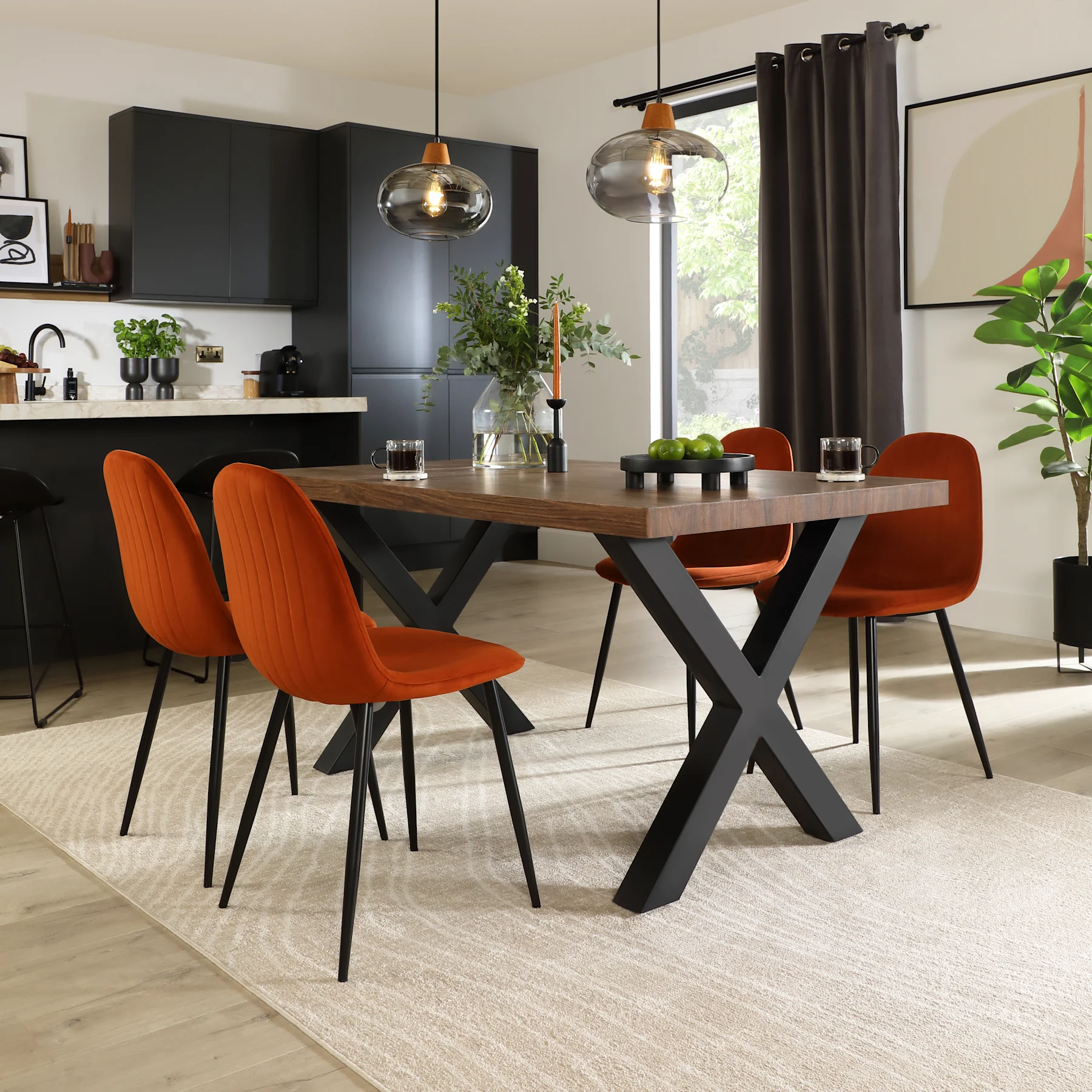 Franklin Industrial Dining Table & 4 Brooklyn Chairs, Walnut Effect & Black Steel, Burnt Orange Classic Velvet, 150cm