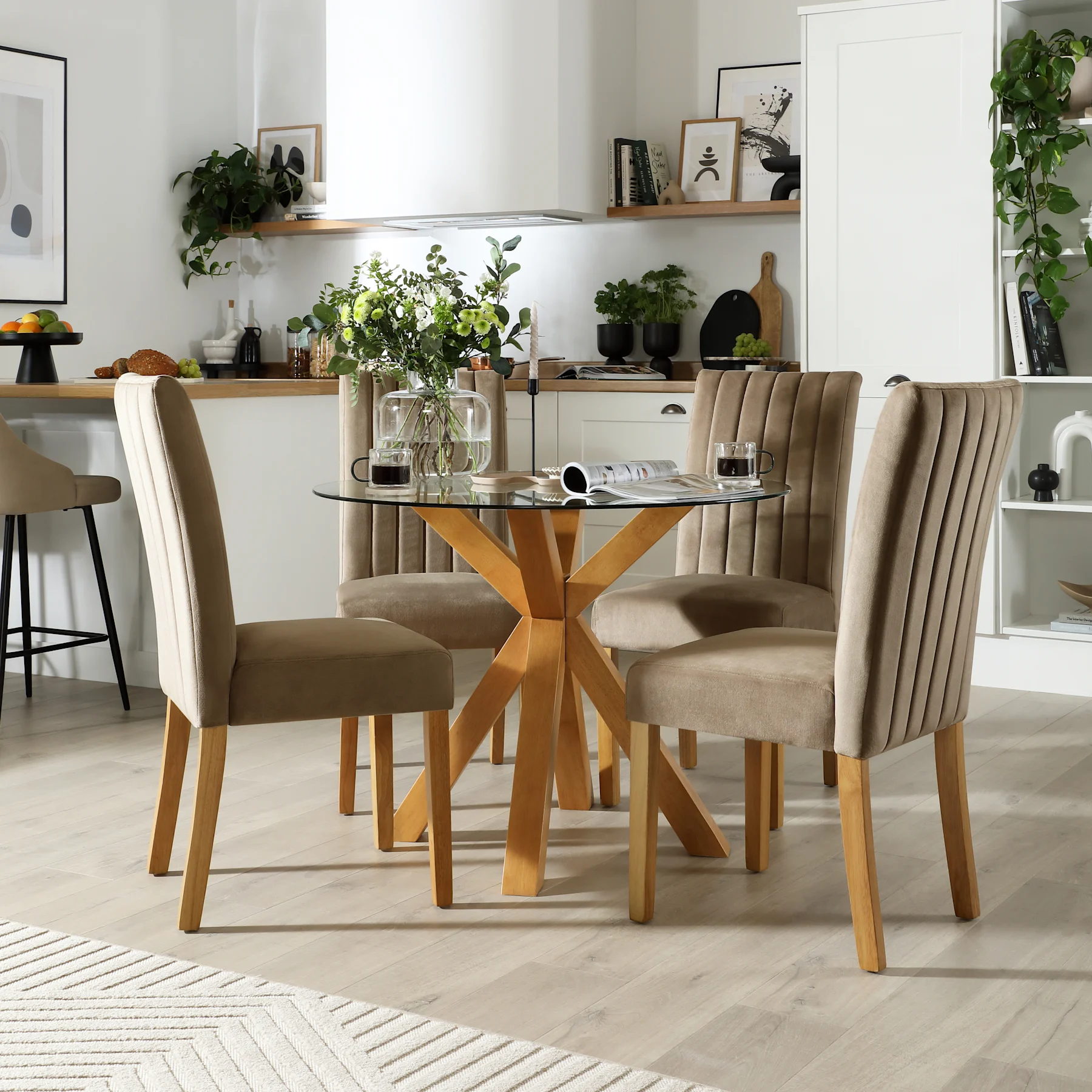 Hatton Round Dining Table & 4 Salisbury Chairs, Glass & Natural Oak Finished Solid Hardwood, Beige Classic Velvet, 100cm