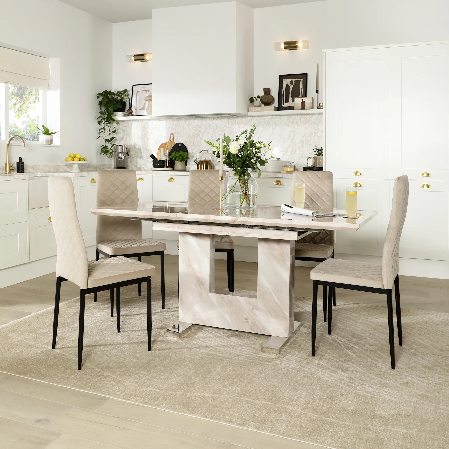 Florence Extending Dining Table & 6 Renzo Chairs, Beige Marble Effect, Champagne Classic Velvet & Black Steel, 120-160cm
