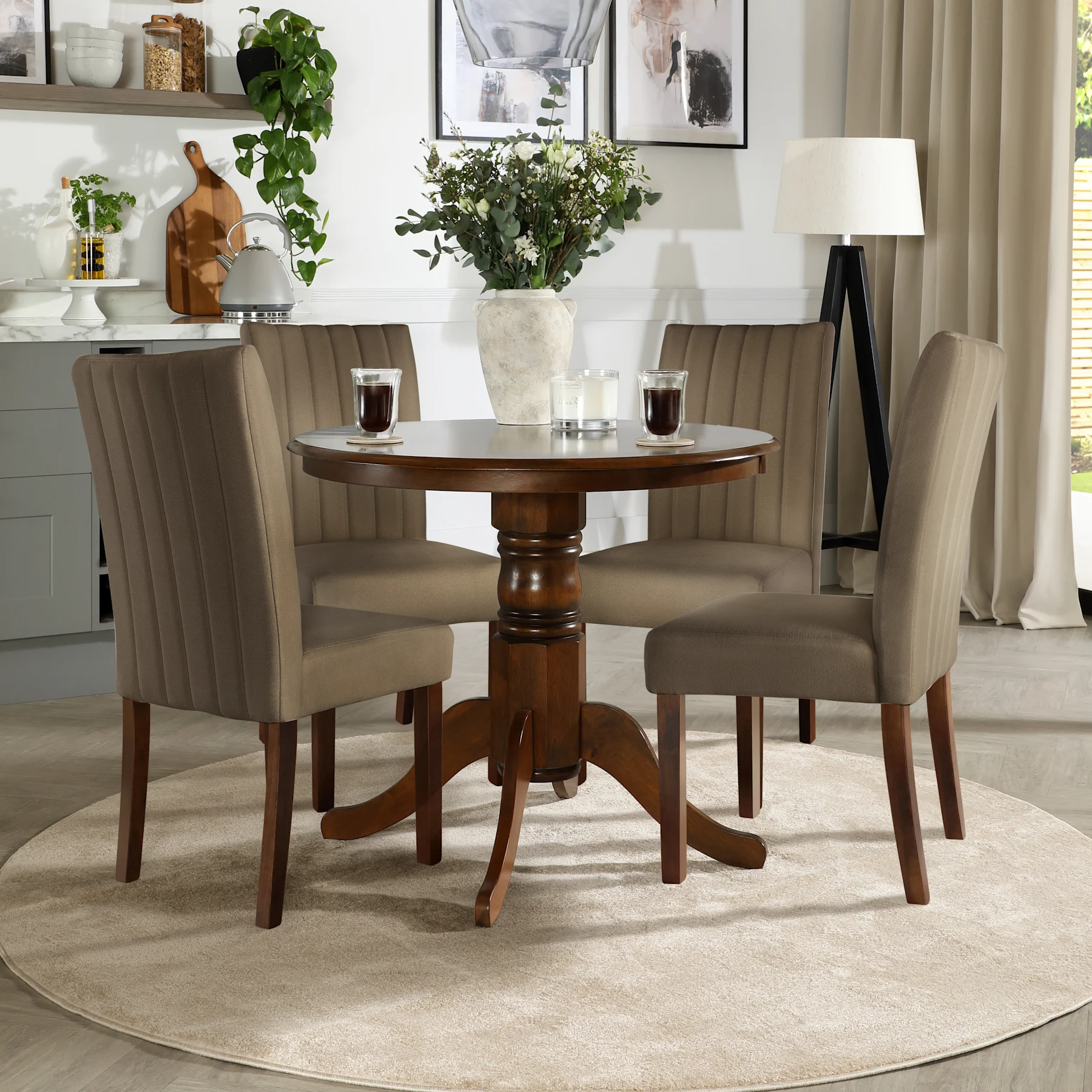 Kingston Round Dining Table & 4 Salisbury Chairs, Dark Solid Hardwood, Beige Classic Velvet, 90cm