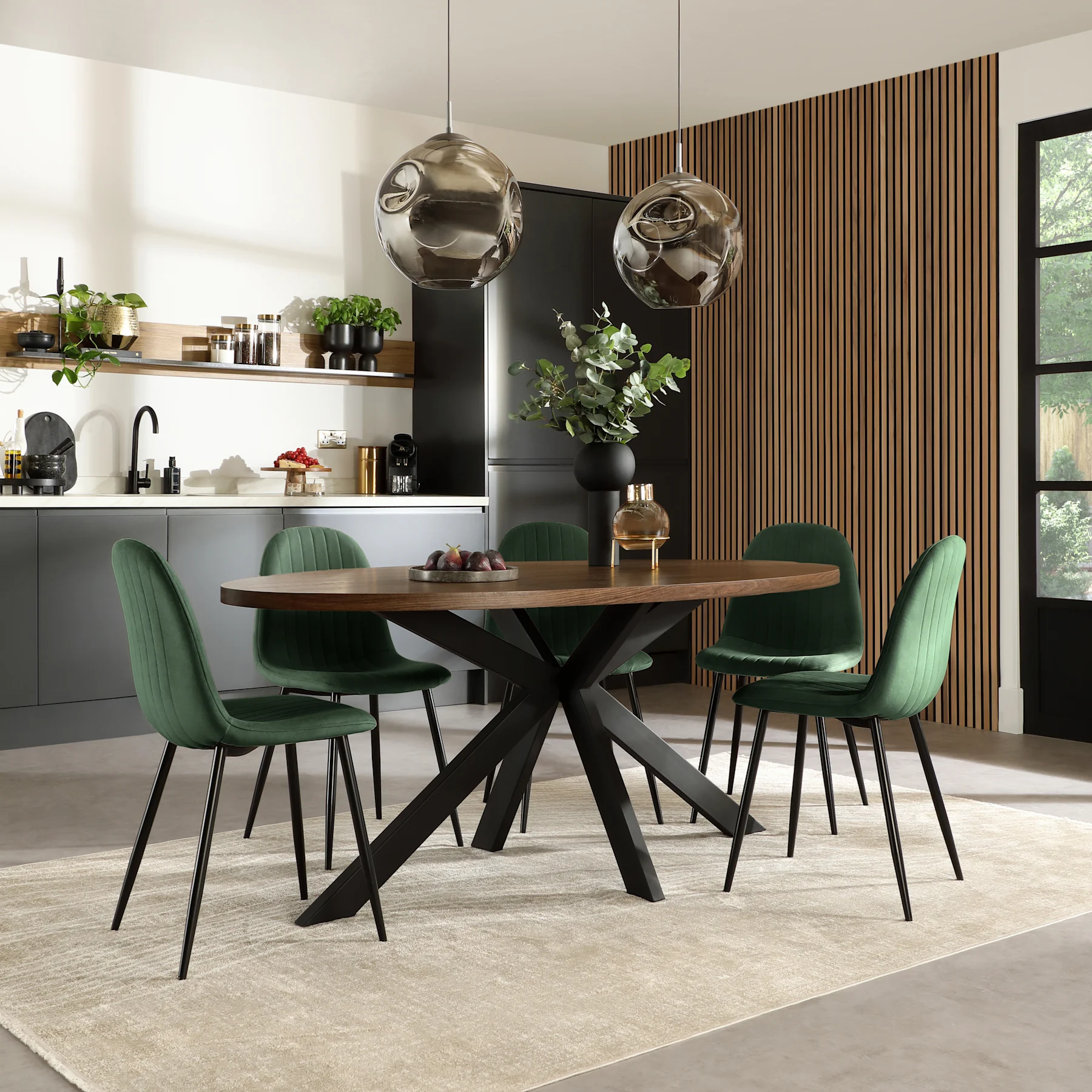 Madison Oval Industrial Dining Table & 6 Brooklyn Chairs, Walnut Effect & Black Steel, Moss Green Classic Velvet, 180cm