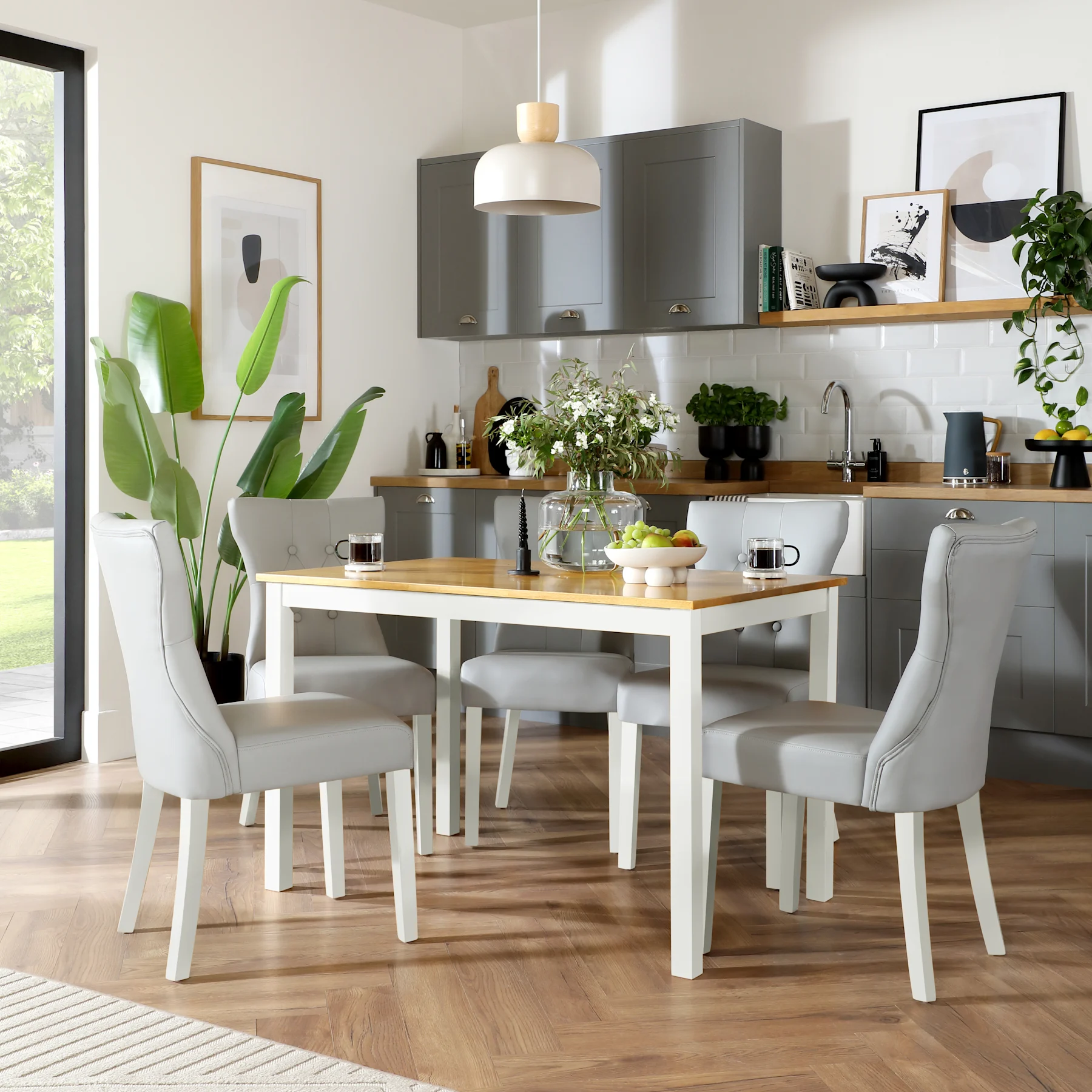 Milton Dining Table & 6 Bewley Chairs, Natural Oak Finish & White Solid Hardwood, Light Grey Premium Faux Leather, 120cm